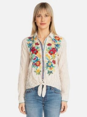 Johnny Was Nandi Front Tie Button Down Shirt Size Medium